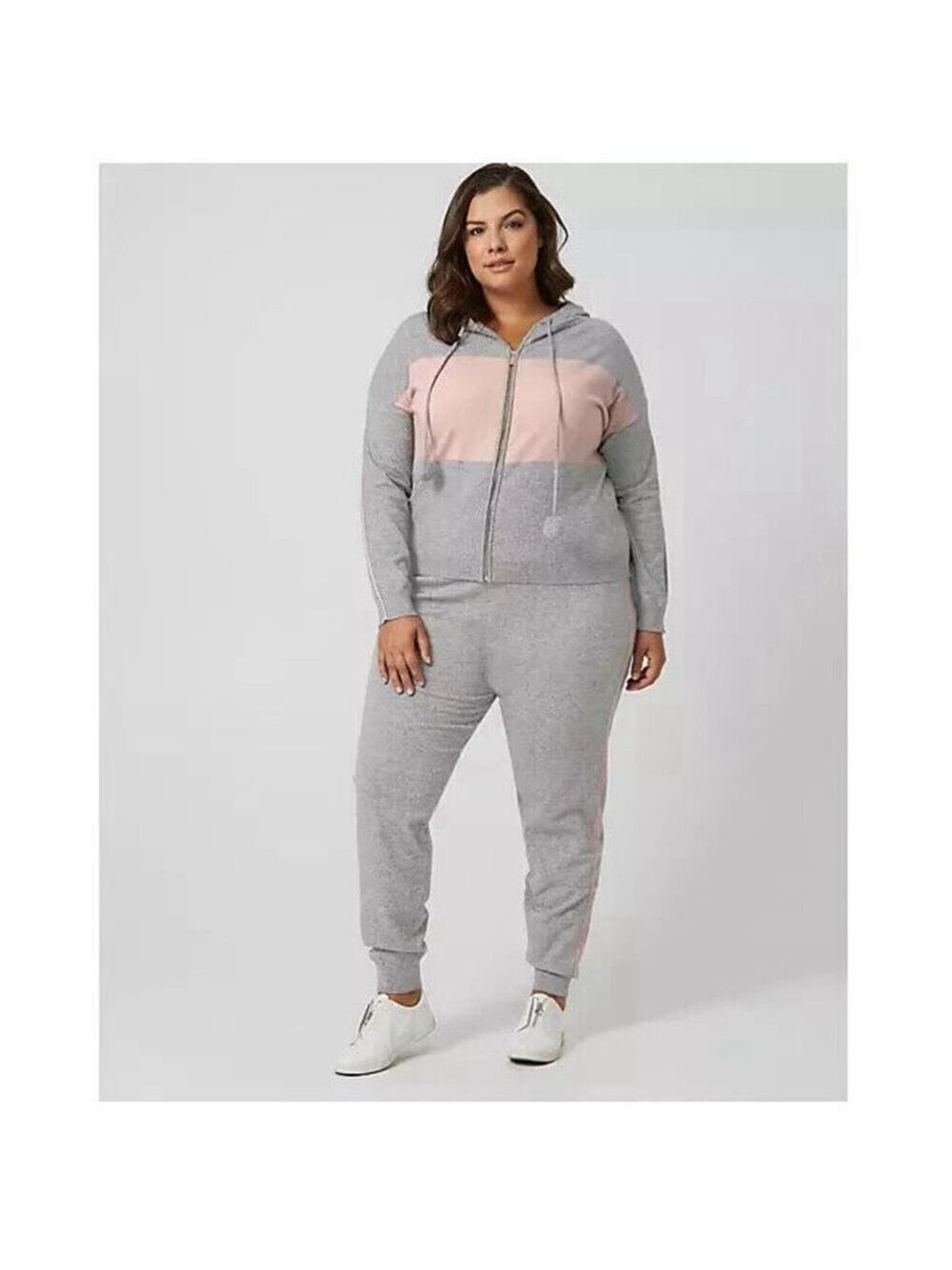 Women’s Plus Size Color Block Hoodie and Jogger Set in Pink & Gray Sz 1X